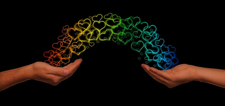 a rainbow of hearts being held by two hands, a digital rendering, by David Burton-Richardson, trending on pixabay, with a black background, giving gifts to people, good vibrations, 🐋 as 🐘 as 🤖 as 👽 as 🐳