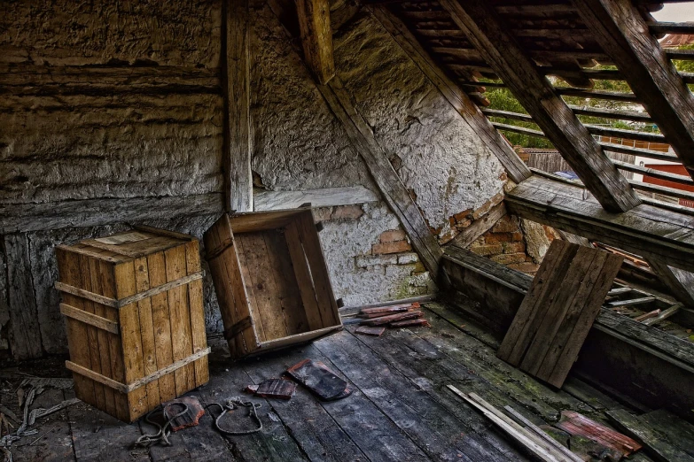 a couple of wooden boxes sitting on top of a wooden floor, by Konrad Grob, happening, abandoned cottage, collapsed ceiling, wlop hdr, hiding in the rooftops