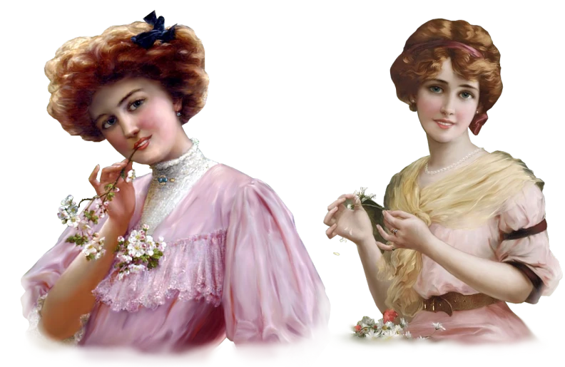 a couple of women standing next to each other, inspired by Howard Chandler Christy, trending on pixabay, pre-raphaelitism, light pink tonalities, airbrush render, a beautiful victorian woman, smoking