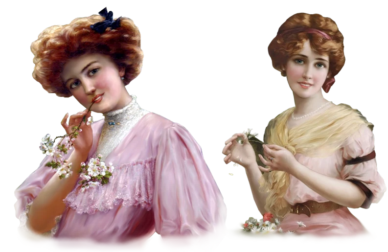 a couple of women standing next to each other, inspired by Howard Chandler Christy, trending on pixabay, pre-raphaelitism, light pink tonalities, airbrush render, a beautiful victorian woman, smoking