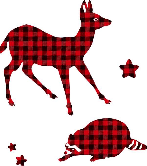 a deer and a pig are silhouetted against a black background, by Linda Sutton, digital art, wearing a red plaid dress, amoled wallpaper, black backround. inkscape, polka dot