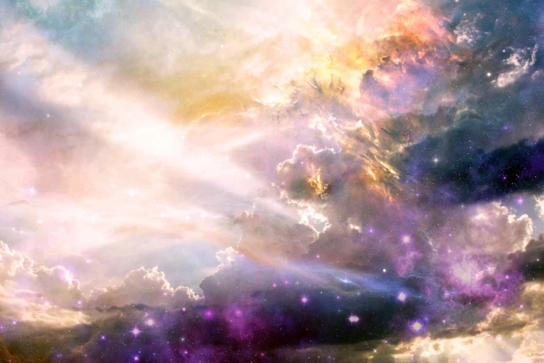 a space filled with lots of clouds and stars, inspired by Kim Keever, shutterstock, light and space, galactic yellow violet colors, holy sacred light rays, (((colorful clouds))), spaceships in sky