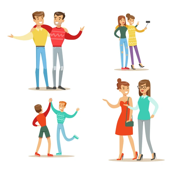 a group of people standing next to each other, vector art, shutterstock, accidental selfie, husband wife and son, dancing character, two different characters