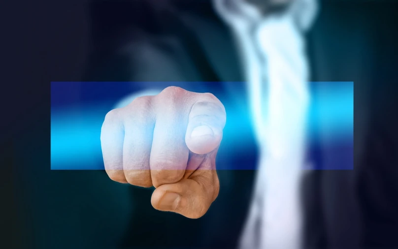 a man in a suit pointing at something, a digital rendering, by Julian Allen, digital art, closeup of fist, thick blue lines, emergency, flash photo