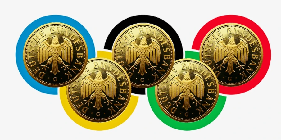 a group of gold coins sitting on top of each other, a digital rendering, trending on pixabay, bauhaus, olympics event 1930's, new adidas logo design, berlin 1 9 8 2, 🔥 😎 🕹️ 👀 :2