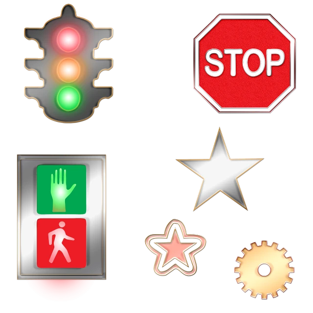 a bunch of different traffic signs on a black background, by Aleksander Kotsis, digital art, lonely!! stop light glowing, star, various items, metallic buttons