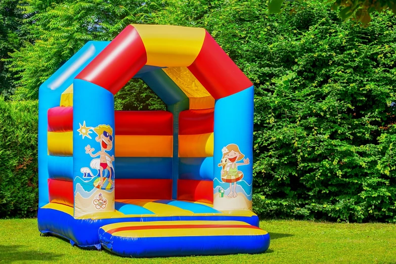 a inflatable bouncer that is in the grass, a cartoon, inspired by Ernest Hébert, shutterstock, renaissance, with backdrop of natural light, splash house, high detail product photo, completely empty