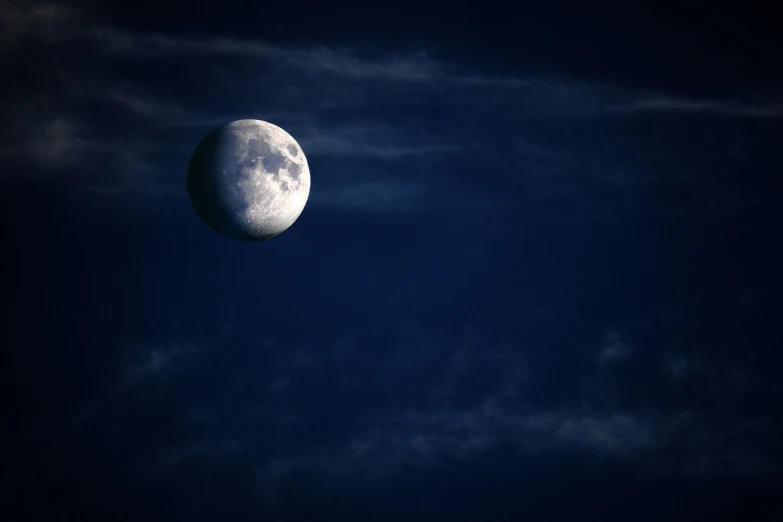 the moon is shining brightly in the dark blue sky, a picture, by Jan Rustem, flickr, post-processed, dark wallpaper, charon, partly cloudy day