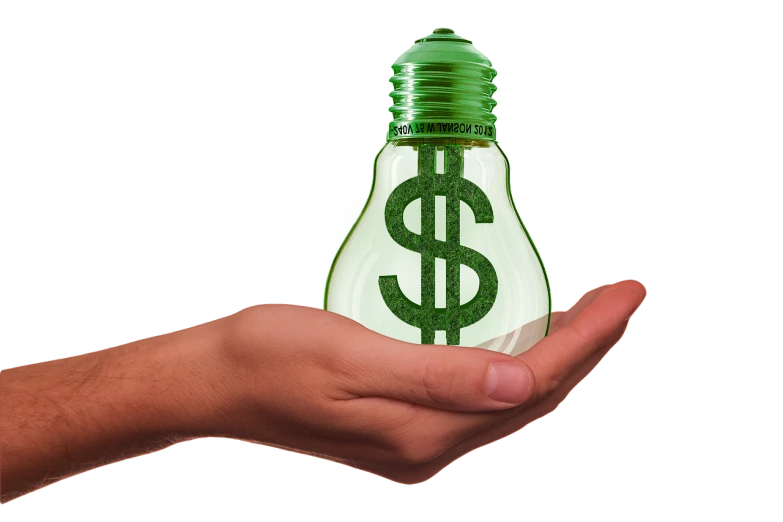 a hand holding a green light bulb with a dollar sign on it, a digital rendering, pixabay, translucidluminescence, low res, istockphoto, !!highly detalied