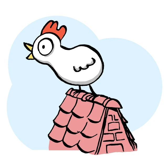 a cartoon chicken sitting on top of a roof, happening, comics illustration, simple and clean illustration, low-angle shot, wikihow illustration