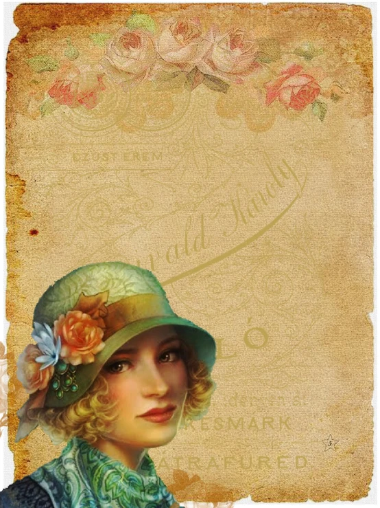 a close up of a person wearing a hat, digital art, inspired by Howard Chandler Christy, trending on pixabay, scrapbook paper collage, retro label, blonde woman, beautiful background