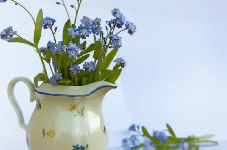 a vase filled with blue flowers on top of a table, a picture, shutterstock, early spring, stock photo, porcelain organic, high quality product image”