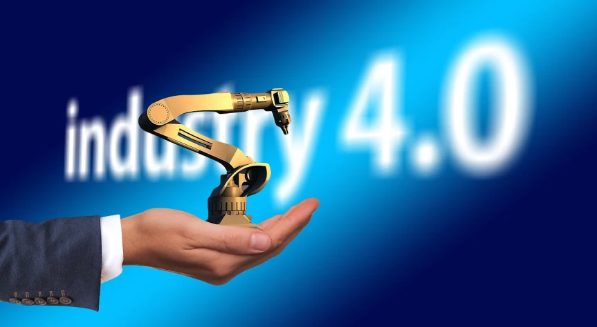 a close up of a person holding a robot in their hand, a stock photo, pixabay, les automatistes, factory background, 4 0 years, with a blue background, engraved