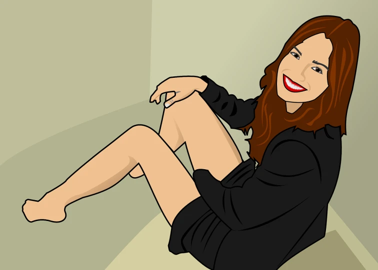 a woman sitting on the floor with her legs crossed, vector art, inspired by Asaf Hanuka, tumblr, digital art, smiling seductively, wearing black coat, an animation cel of dana scully, wikihow illustration