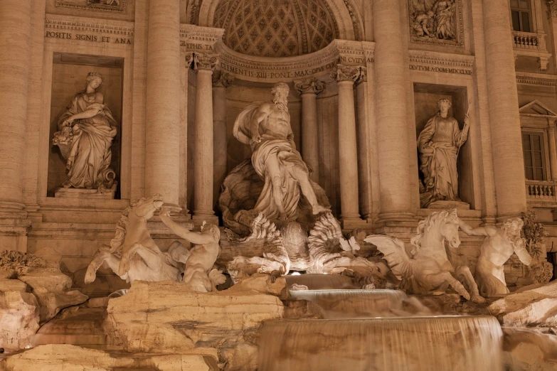 a group of statues in front of a fountain, a marble sculpture, by Gian Lorenzo Bernini, shutterstock, cinemascope panorama, cavernous interior wide shot, lit from the side, draped with water and spines