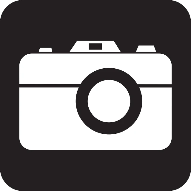 a black and white photo of a camera, pixabay, clipart icon, on a flat color black background, istock, flat vector graphic