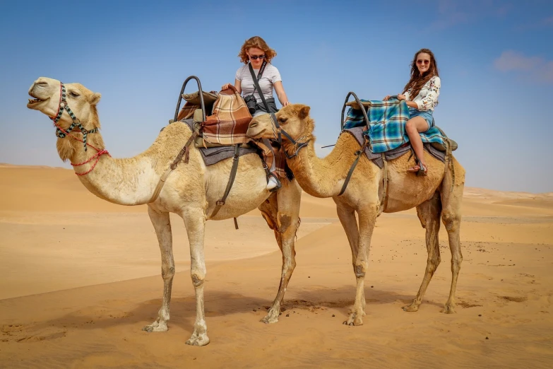 a couple of people riding on the back of a camel, a picture, by Dietmar Damerau, shutterstock, beautiful girls, usa-sep 20, group photo, very intense