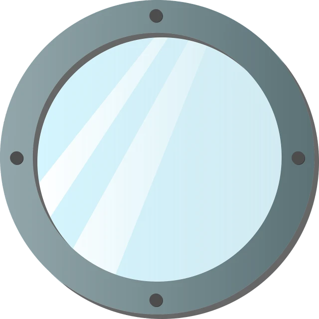 a close up of a mirror on a wall, a cartoon, pixabay, looking at porthole window, on a flat color black background, ship interior, round headlights