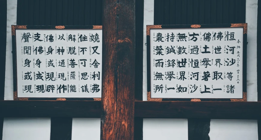 a couple of signs that are on the side of a building, inspired by Sesshū Tōyō, unsplash, chinese text, posters, 1 1 1 1, traditional chinese