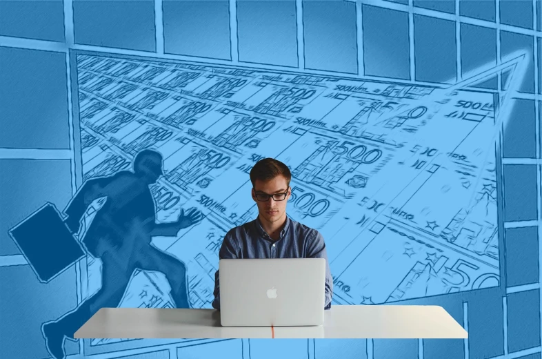 a man sitting in front of a laptop computer, a computer rendering, inspired by Emiliano Ponzi, pacing in server room, photomontage, half blueprint, corner office background