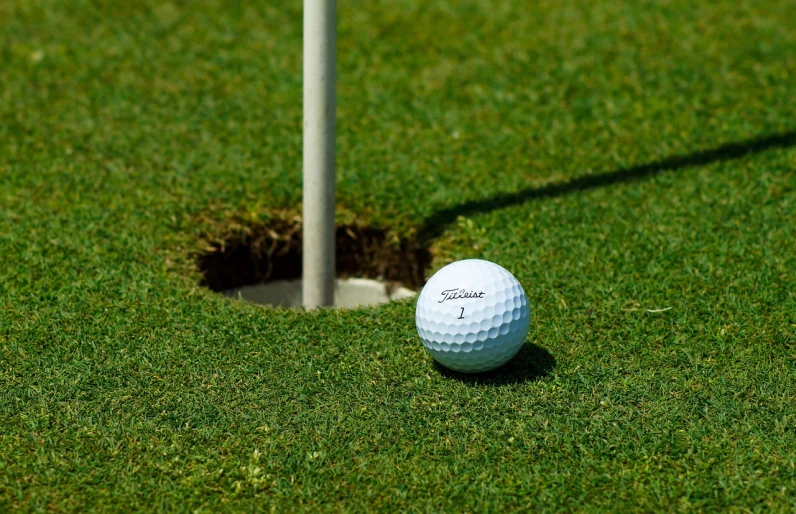 a golf ball sitting on top of a green field, in front of a round, engraved, rectangular, shag