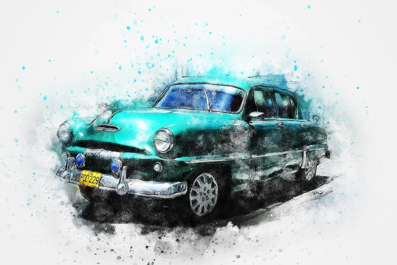 a watercolor painting of an old green car, trending on pixabay, art photography, selective color effect, turquoise, beautiful art uhd 4 k, retro 5 0 s style