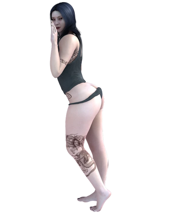 a woman with a tattoo on her leg, deviantart contest winner, 3 d render of a full female body, bending over, full body cute young lady, fullbody photo