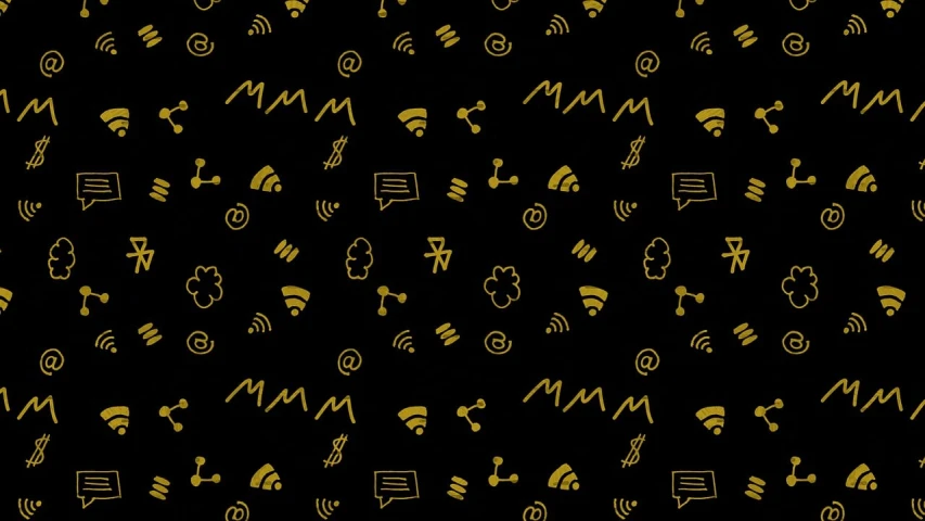 a bunch of gold symbols on a black background, tumblr, modernism, tech pattern, black scribbles and wiggles, beijing, hills