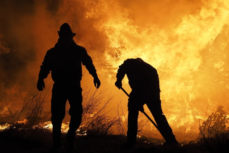 a couple of men standing in front of a fire, by Tom Carapic, shutterstock, firefighting gear, shockwaves are coming out, 3 4 5 3 1, toward to the camera