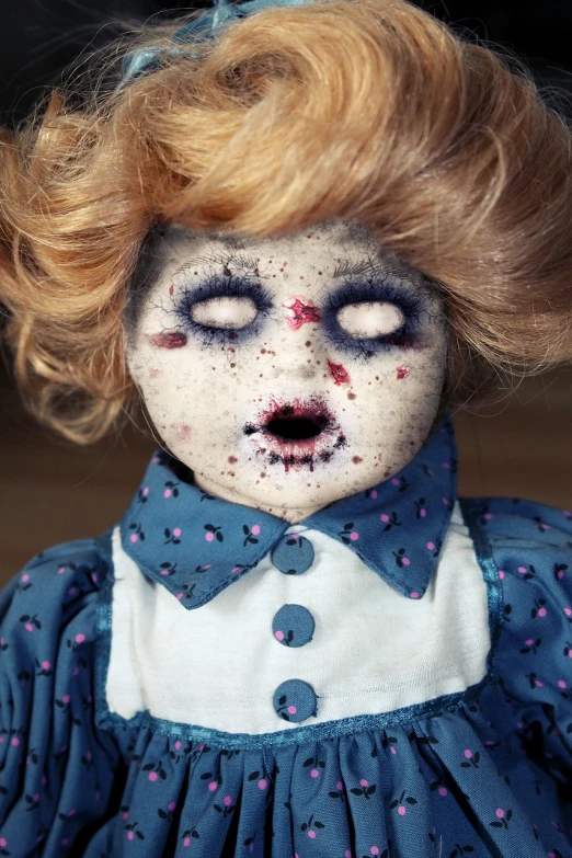 a close up of a doll with blood on it's face, by Anita Kunz, tumblr, lowbrow, 1024x1024, felt, hauntingly beautiful zombie, screengrab