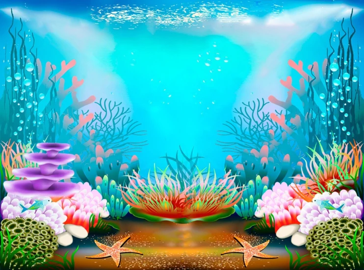 an underwater scene with corals and starfishs, a digital painting, shutterstock, naive art, background image, ballroom background, f 2 0, iphone 15 background