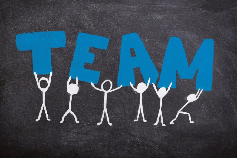 a group of stick figures holding up the word team, a picture, realism, istock, chalkboard, steam, camaraderie