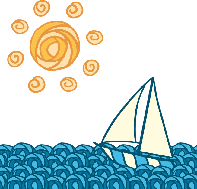 a boat floating on top of a body of water, a digital rendering, inspired by Winslow Homer, naive art, night and bright sun, doodle, game icon stylized, swirl