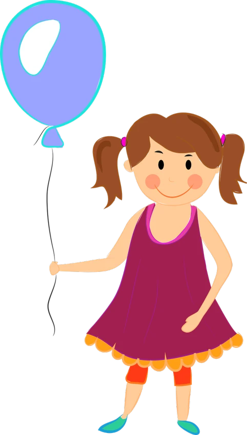 a little girl holding a blue balloon, naive art, lineless, with a black background, wikihow illustration