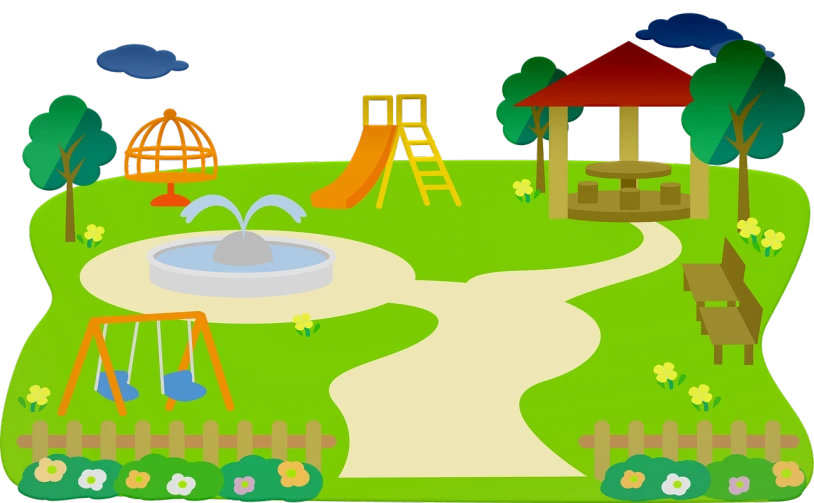a playground with a water fountain and swings, a digital rendering, pixabay, naive art, black backround. inkscape, phone wallpaper, simple path traced, beautiful garden on background