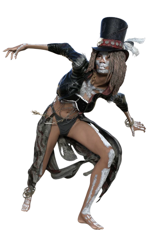 a woman in a top hat and body paint, inspired by Chica Macnab, zbrush central contest winner, afrofuturism, dynamic dancing pose, medieval zombie peasant, aloy from horizon zero dawn, white facepaint