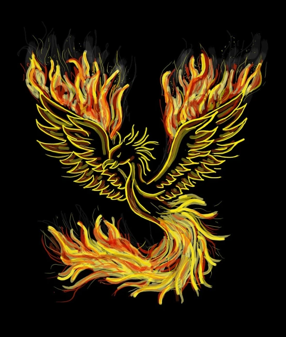 a drawing of a fire bird on a black background, an illustration of, fine art, concept art design illustration, emblem, spaghettification, an illustration