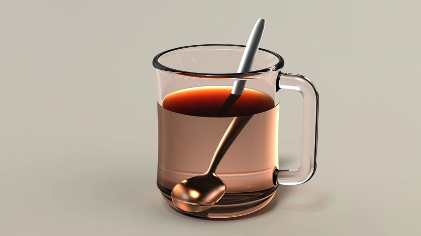 a cup of tea with a spoon in it, a digital rendering, photorealism, copper, computer generated, syrup, 3 d model