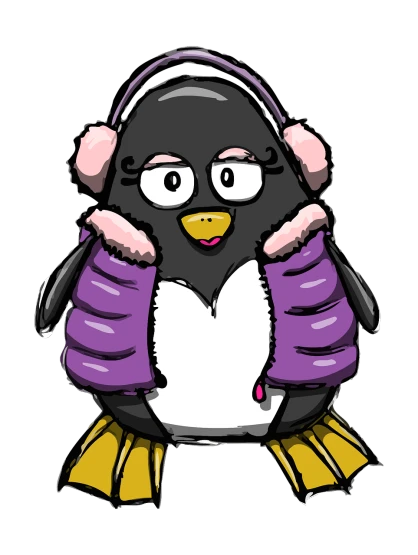 a close up of a penguin wearing headphones, an illustration of, tumblr, mingei, purple and black clothes, !!! very coherent!!! vector art, wearing fluffy black scarf, fur covering her chest