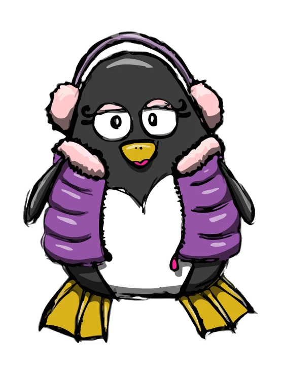 a close up of a penguin wearing headphones, an illustration of, tumblr, mingei, purple and black clothes, !!! very coherent!!! vector art, wearing fluffy black scarf, fur covering her chest