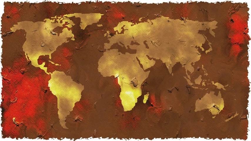 a painting of a map of the world, a digital rendering, by David Burton-Richardson, trending on pixabay, conceptual art, rusted metal texture, landscape of africa, molten, warm color scheme art rendition
