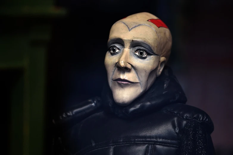 a close up of a person wearing a mask, inspired by Karl Kopinski, flickr, robot chicken, nosferatu, super detailed picture, drag