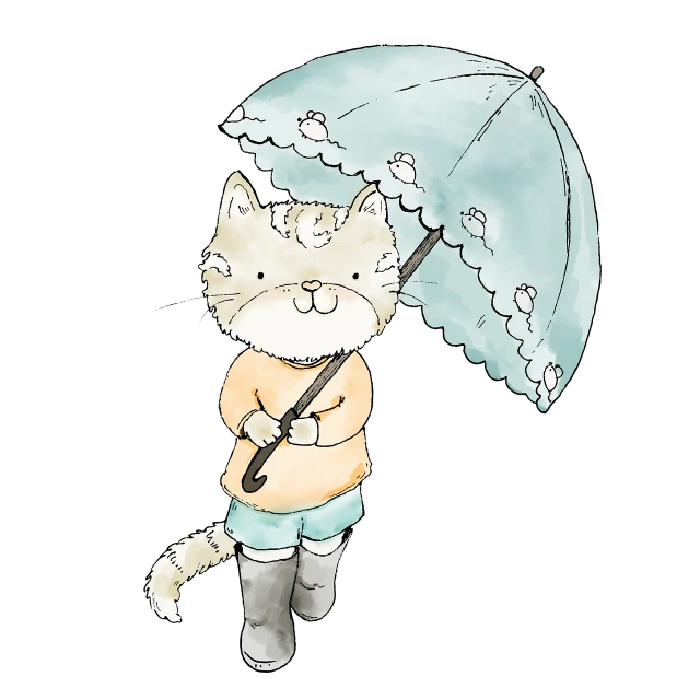 a drawing of a cat holding an umbrella, a digital rendering, vignette illustration, cartoon style illustration, water color, on black background