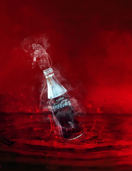 a coke bottle with smoke coming out of it, shutterstock contest winner, conceptual art, tribal red atmosphere, photoshop water art, photobashing, splashes