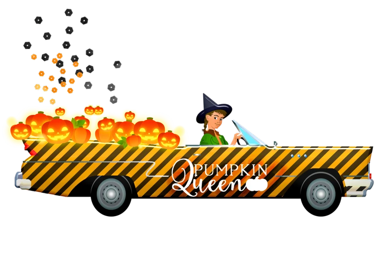 a man driving a truck with pumpkins in the back, concept art, trending on pixabay, conceptual art, cosplay on black harley queen, vector design, queen crown, full view of a car