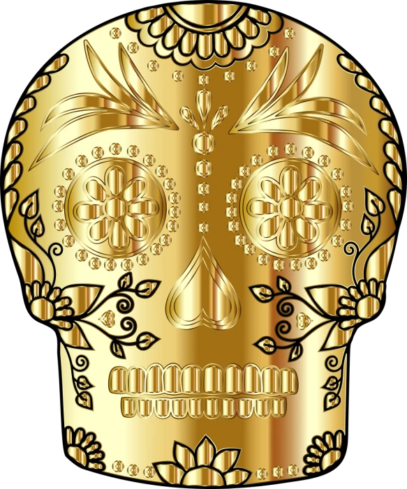 a gold sugar skull on a black background, vector art, inspired by Hedi Xandt, pixabay contest winner, fine art, bottle, isolated on white background, medal, metal art
