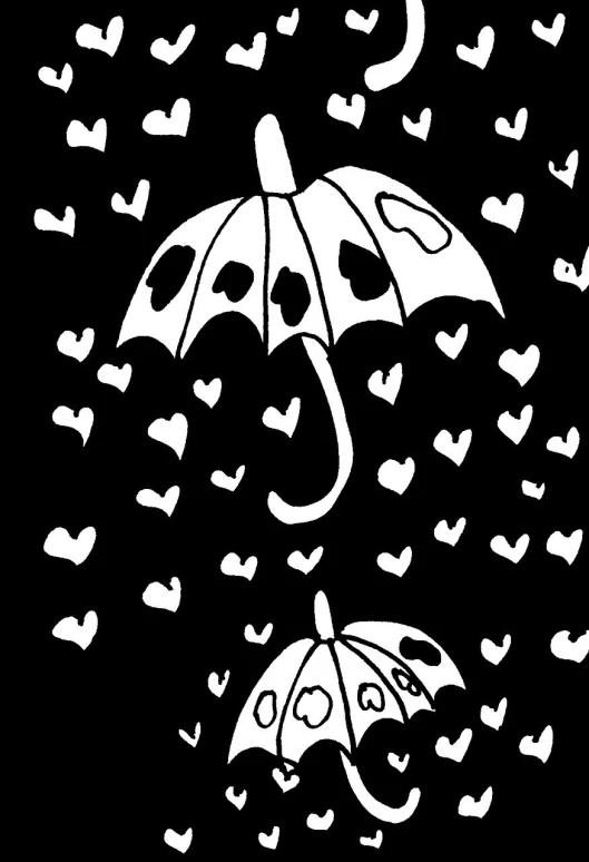 a black and white drawing of a couple of umbrellas, lineart, inspired by Frans Masereel, pixabay, pop art, falling hearts, phone wallpaper, close-up!!!!!!, ms paint drawing