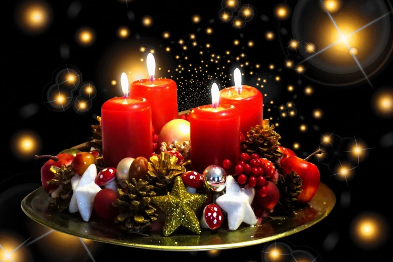 a group of candles sitting on top of a plate, digital art, by Marie Bashkirtseff, pixabay, christmas, avatar image, centerpiece, twinkling stars