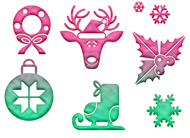 a close up of various christmas items on a black background, a digital rendering, inspired by Rudolph F. Ingerle, soap carving, neon pink and black color scheme, clipart, closeup photo