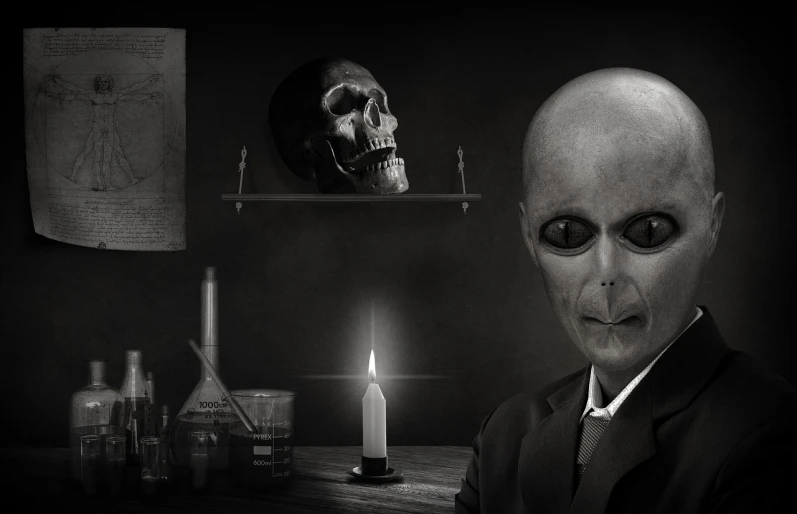 a man in a suit sitting at a table with a candle in front of him, a portrait, tumblr, surrealism, alien skull, photomanipulation, elite scientist, gray alien